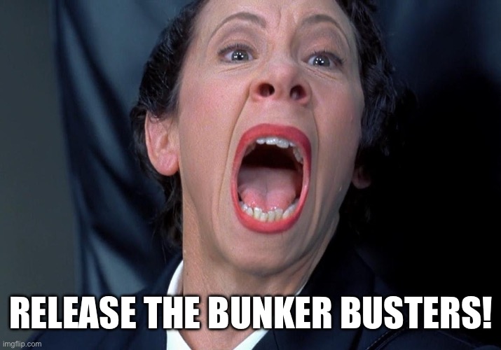 Frau Farbissina | RELEASE THE BUNKER BUSTERS! | image tagged in frau farbissina | made w/ Imgflip meme maker