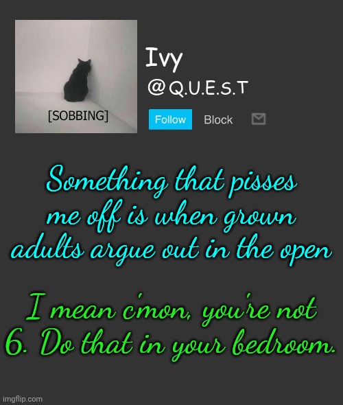Ivy announcement template | Something that pisses me off is when grown adults argue out in the open; I mean c'mon, you're not 6. Do that in your bedroom. | image tagged in ivy announcement template | made w/ Imgflip meme maker