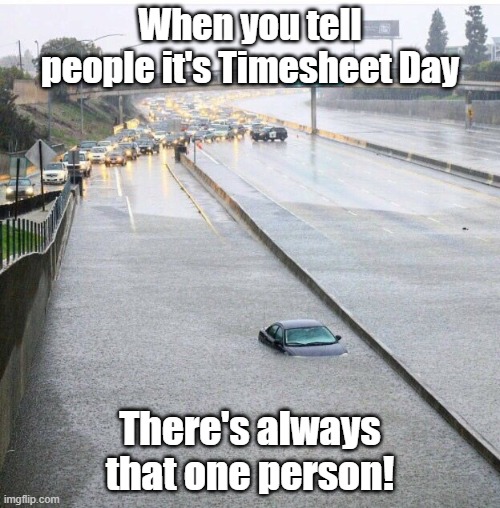 Flash Flood & Timesheet Reminders | When you tell people it's Timesheet Day; There's always that one person! | image tagged in flash flood,reminder,car in flood,timesheet | made w/ Imgflip meme maker