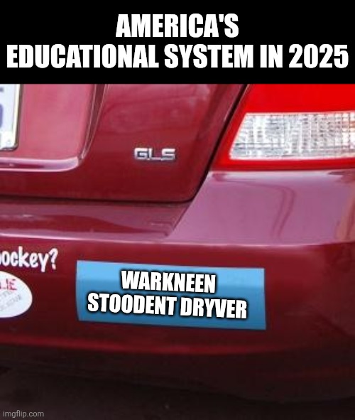Imagine if every idiot in a recent protest was as worried about our education system? | AMERICA'S EDUCATIONAL SYSTEM IN 2025; WARKNEEN
STOODENT DRYVER | image tagged in blank bumper sticker,student driver,driving,higher education,failure,life goals | made w/ Imgflip meme maker