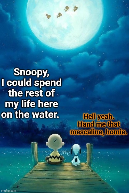 Snoopy, I could spend the rest of my life here on the water. Hell yeah. Hand me that mescaline, homie. | image tagged in dogs | made w/ Imgflip meme maker