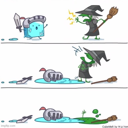 image tagged in ice cube,knight,witch,battle,water,melting | made w/ Imgflip meme maker