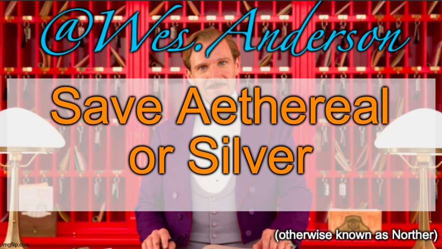 Funguy is out, Disco and Yoshi are saved, but one more elimination is needed, so it comes down to these two. | Save Aethereal or Silver | image tagged in wes anderson temp,voting game s10 | made w/ Imgflip meme maker
