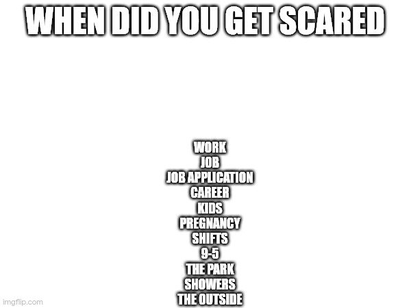 jumpscare warning | WHEN DID YOU GET SCARED; WORK
JOB
JOB APPLICATION
CAREER
KIDS
PREGNANCY
SHIFTS
9-5
THE PARK
SHOWERS
THE OUTSIDE | made w/ Imgflip meme maker