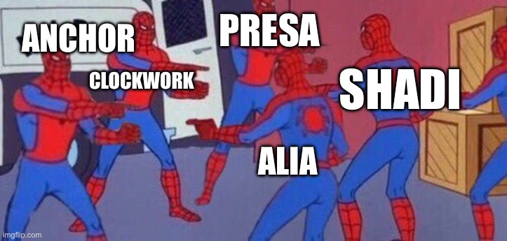 It just keeps growing | PRESA; ANCHOR; CLOCKWORK; SHADI; ALIA | image tagged in 5 spider-mans pointing at each others | made w/ Imgflip meme maker