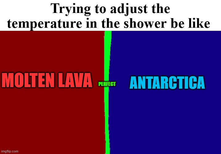 Got to find the sweet spot | Trying to adjust the temperature in the shower be like; PERFECT; ANTARCTICA; MOLTEN LAVA | image tagged in memes,funny,shower | made w/ Imgflip meme maker