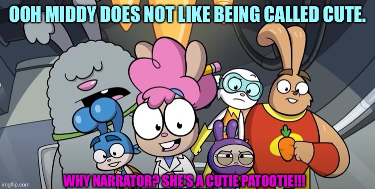 She does not like being called cute… | OOH MIDDY DOES NOT LIKE BEING CALLED CUTE. WHY NARRATOR? SHE'S A CUTIE PATOOTIE!!! | image tagged in bunnies,cute,funny memes | made w/ Imgflip meme maker