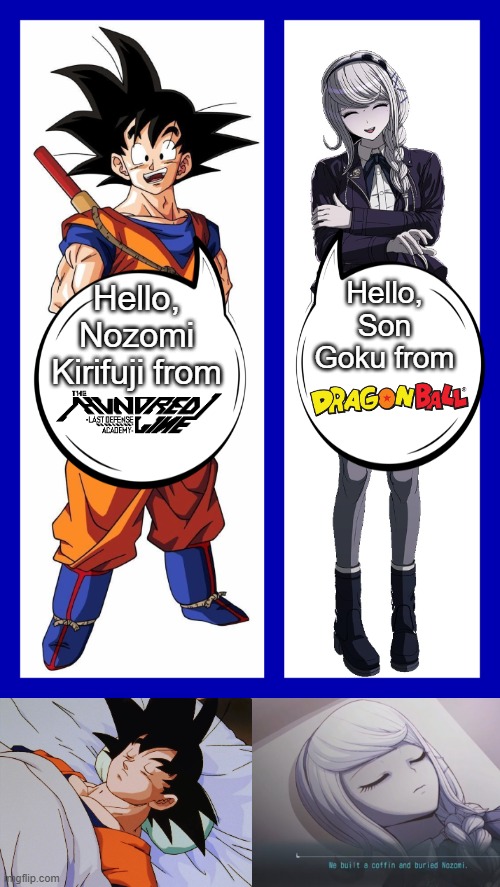 Hello, Goku and Nozomi | Hello, Son Goku from; Hello, Nozomi Kirifuji from | image tagged in dragon ball z | made w/ Imgflip meme maker