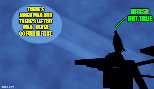 Truth can be painful, but it is still the truth. | HARSH, BUT TRUE. THERE'S JOKER MAD AND THERE'S LEFTIST MAD.  NEVER GO FULL LEFTIST. __ | image tagged in batman signal | made w/ Imgflip meme maker