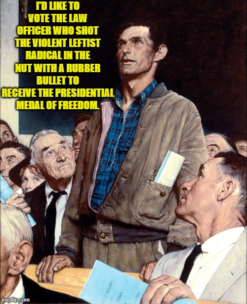 Ouch, eh leftists? | I'D LIKE TO VOTE THE LAW OFFICER WHO SHOT THE VIOLENT LEFTIST RADICAL IN THE NUT WITH A RUBBER BULLET TO RECEIVE THE PRESIDENTIAL MEDAL OF FREEDOM. | image tagged in man taking a stand in a town hall meeting | made w/ Imgflip meme maker
