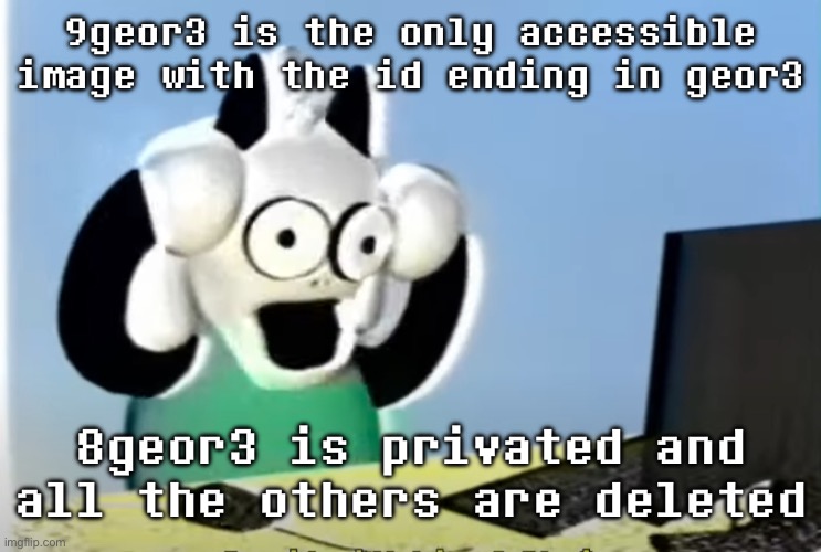 ralsei computer | 9geor3 is the only accessible image with the id ending in geor3; 8geor3 is privated and all the others are deleted | image tagged in ralsei computer | made w/ Imgflip meme maker