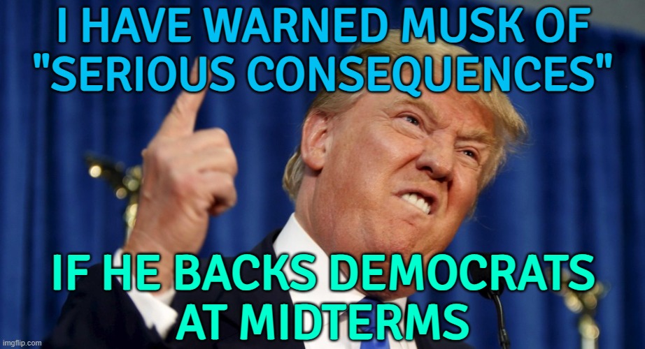 I Have Warned Musk Of "Serious Consequences"; If He Backs Democrats At Midterms | I HAVE WARNED MUSK OF
"SERIOUS CONSEQUENCES"; IF HE BACKS DEMOCRATS
AT MIDTERMS | image tagged in angry trump,elon musk,donald trump,democrats,election,breaking news | made w/ Imgflip meme maker