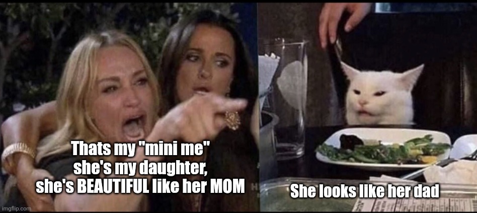 We all know that boastful mom | Thats my "mini me" she's my daughter, she's BEAUTIFUL like her MOM; She looks like her dad | image tagged in bragging,mom,dad,daughter | made w/ Imgflip meme maker