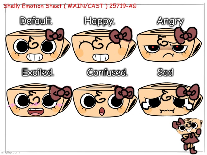 (Dandy's Cozy World AU) Shelly's Emotion Sheet! (Fun Fact : She gets sad when she gets a tummy ache) | Default.         Happy.            Angry; Excited.          Confused.         Sad | image tagged in shelly | made w/ Imgflip meme maker