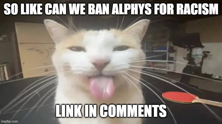Milly the silly cat Bleh Cat | SO LIKE CAN WE BAN ALPHYS FOR RACISM; LINK IN COMMENTS | image tagged in milly the silly cat bleh cat | made w/ Imgflip meme maker