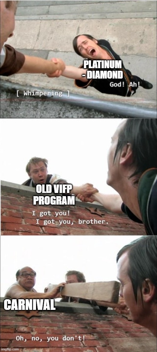 Carnival's new VIFP program | PLATINUM - DIAMOND; OLD VIFP
PROGRAM; CARNIVAL | image tagged in it's always sunny in philadelphia roof meme,carnival,cruise,cruise ship | made w/ Imgflip meme maker