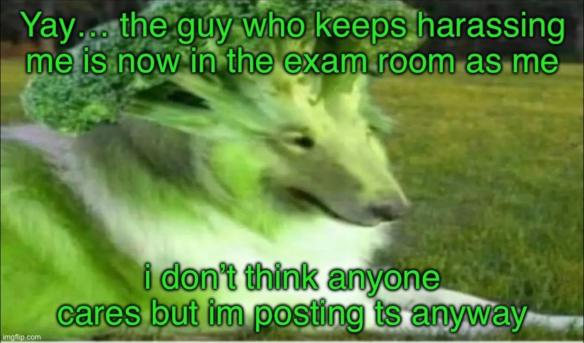 Broco dogo | Yay… the guy who keeps harassing me is now in the exam room as me; i don’t think anyone cares but im posting ts anyway | image tagged in broco dogo | made w/ Imgflip meme maker