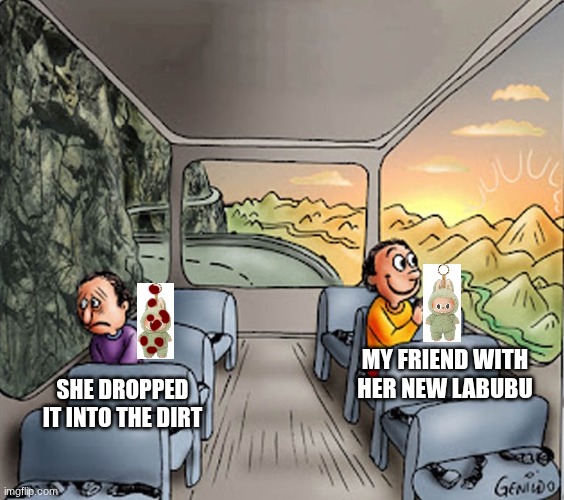 she dropped it :( | MY FRIEND WITH HER NEW LABUBU; SHE DROPPED IT INTO THE DIRT | image tagged in two men on bus | made w/ Imgflip meme maker