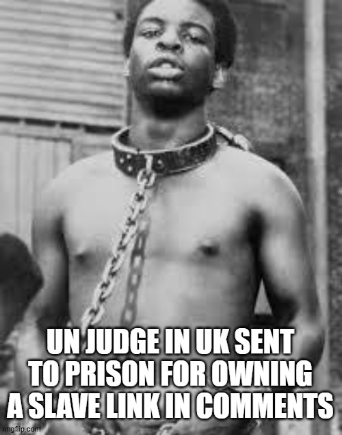 Black Slave | UN JUDGE IN UK SENT TO PRISON FOR OWNING A SLAVE LINK IN COMMENTS | image tagged in black slave | made w/ Imgflip meme maker