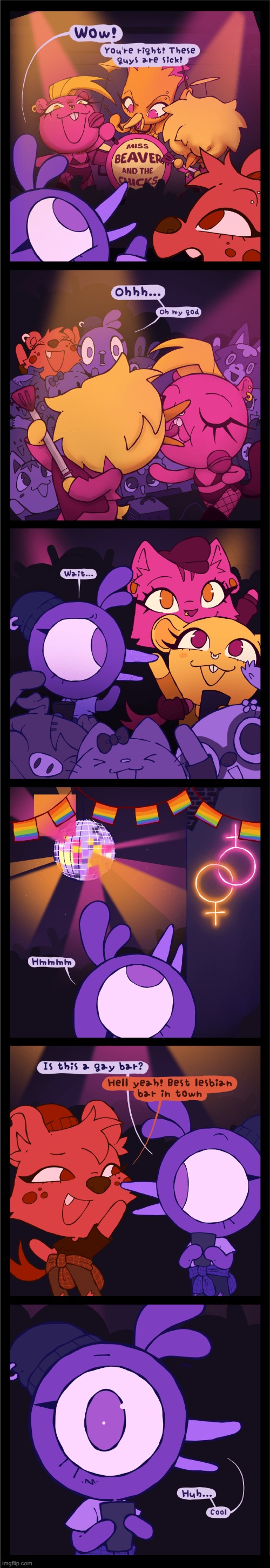 Bird finds her people! | image tagged in bird,hyena,band,gay bar,lgbt,lgbtq | made w/ Imgflip meme maker