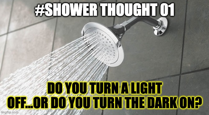 Shower Thoughts | #SHOWER THOUGHT 01; DO YOU TURN A LIGHT OFF...OR DO YOU TURN THE DARK ON? | image tagged in shower thoughts | made w/ Imgflip meme maker