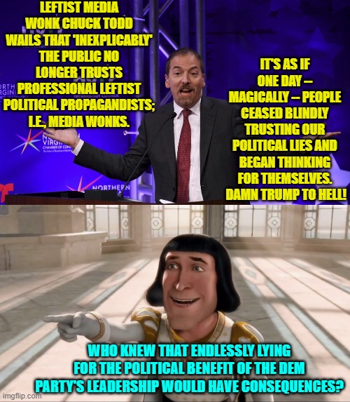 Oops, eh Chuck? | LEFTIST MEDIA WONK CHUCK TODD WAILS THAT 'INEXPLICABLY' THE PUBLIC NO LONGER TRUSTS PROFESSIONAL LEFTIST POLITICAL PROPAGANDISTS; I.E., MEDIA WONKS. IT'S AS IF ONE DAY -- MAGICALLY -- PEOPLE CEASED BLINDLY TRUSTING OUR POLITICAL LIES AND BEGAN THINKING FOR THEMSELVES.  DAMN TRUMP TO HELL! WHO KNEW THAT ENDLESSLY LYING FOR THE POLITICAL BENEFIT OF THE DEM PARTY'S LEADERSHIP WOULD HAVE CONSEQUENCES? | made w/ Imgflip meme maker
