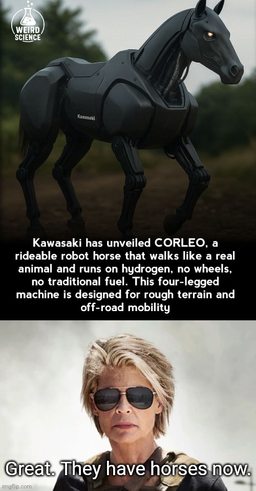 Terminator Horses | Great. They have horses now. | image tagged in artificial intelligence,robots,terminator,horses,we are screwed | made w/ Imgflip meme maker