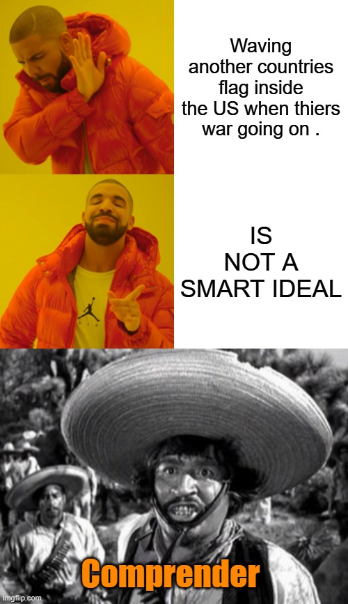 Waving another countries flag inside the US when thiers war going on . IS NOT A SMART IDEAL; Comprender | image tagged in memes,drake hotline bling | made w/ Imgflip meme maker