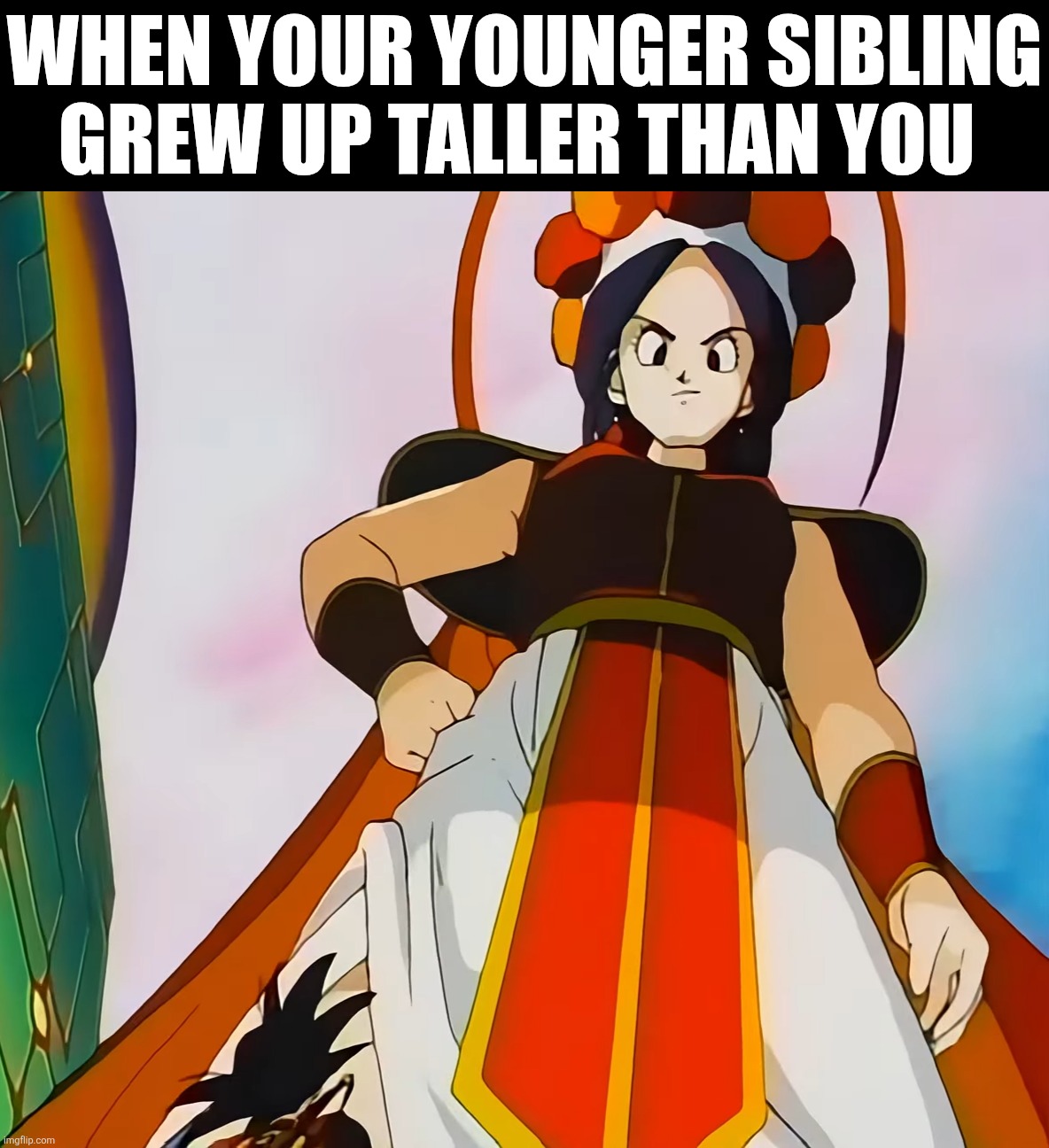 Your sibling grew up taller | WHEN YOUR YOUNGER SIBLING GREW UP TALLER THAN YOU | image tagged in dragon ball,siblings,anime | made w/ Imgflip meme maker