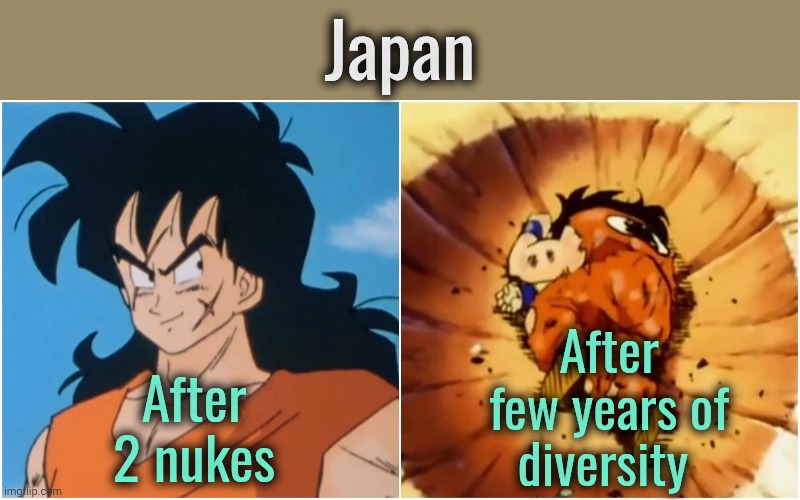 Save Japan! | Japan; After few years of diversity; After 2 nukes | image tagged in yamcha,japan,diversity | made w/ Imgflip meme maker