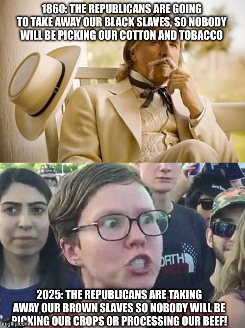 1860: THE REPUBLICANS ARE GOING TO TAKE AWAY OUR BLACK SLAVES, SO NOBODY WILL BE PICKING OUR COTTON AND TOBACCO 2025: THE REPUBLICANS ARE TA | image tagged in southern gentleman,triggered liberal | made w/ Imgflip meme maker