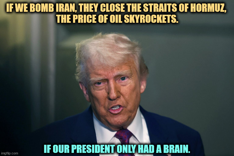 Trump talking garbage. He's old, stupid, crazy and incompetent. | IF WE BOMB IRAN, THEY CLOSE THE STRAITS OF HORMUZ, 
THE PRICE OF OIL SKYROCKETS. IF OUR PRESIDENT ONLY HAD A BRAIN. | image tagged in trump talking garbage he's old stupid crazy and incompetent,iran,trump,old,stupid,crazy | made w/ Imgflip meme maker