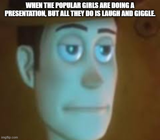 Presentation | WHEN THE POPULAR GIRLS ARE DOING A PRESENTATION, BUT ALL THEY DO IS LAUGH AND GIGGLE. | image tagged in dissapointed woody | made w/ Imgflip meme maker