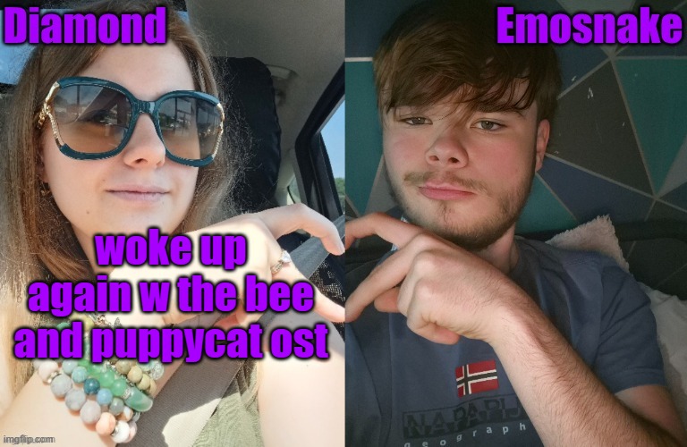 Diamond and ES shared couple temp | woke up again w the bee and puppycat ost | image tagged in diamond and es shared couple temp | made w/ Imgflip meme maker