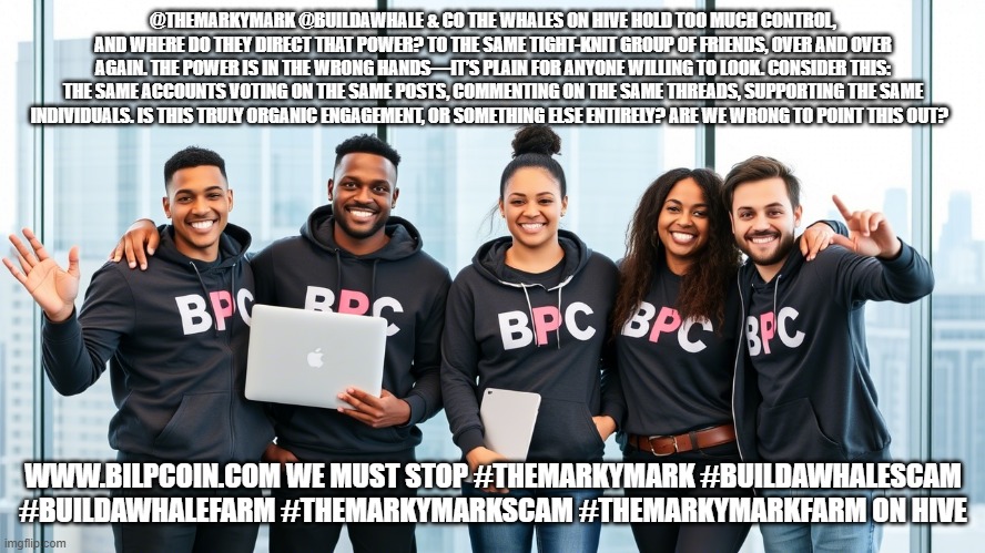 @THEMARKYMARK @BUILDAWHALE & CO THE WHALES ON HIVE HOLD TOO MUCH CONTROL, AND WHERE DO THEY DIRECT THAT POWER? TO THE SAME TIGHT-KNIT GROUP OF FRIENDS, OVER AND OVER AGAIN. THE POWER IS IN THE WRONG HANDS—IT’S PLAIN FOR ANYONE WILLING TO LOOK. CONSIDER THIS: THE SAME ACCOUNTS VOTING ON THE SAME POSTS, COMMENTING ON THE SAME THREADS, SUPPORTING THE SAME INDIVIDUALS. IS THIS TRULY ORGANIC ENGAGEMENT, OR SOMETHING ELSE ENTIRELY? ARE WE WRONG TO POINT THIS OUT? WWW.BILPCOIN.COM WE MUST STOP #THEMARKYMARK #BUILDAWHALESCAM #BUILDAWHALEFARM #THEMARKYMARKSCAM #THEMARKYMARKFARM ON HIVE | made w/ Imgflip meme maker