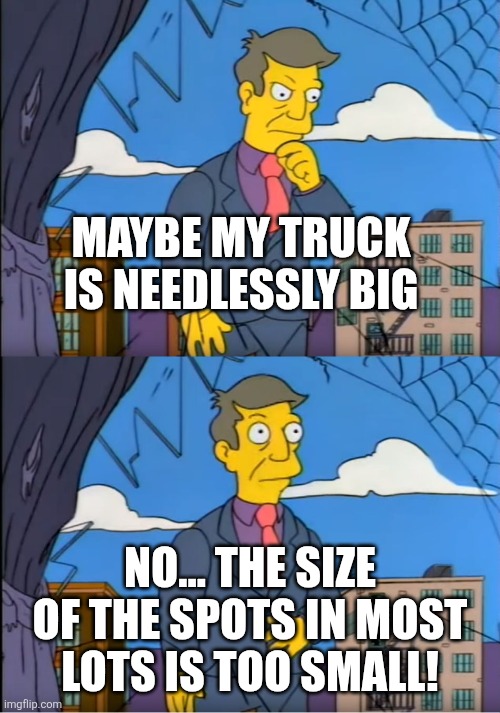 Skinner Out Of Touch | MAYBE MY TRUCK IS NEEDLESSLY BIG; NO... THE SIZE OF THE SPOTS IN MOST LOTS IS TOO SMALL! | image tagged in skinner out of touch | made w/ Imgflip meme maker