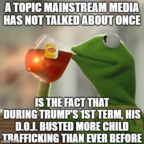 But That's None Of My Business | A TOPIC MAINSTREAM MEDIA HAS NOT TALKED ABOUT ONCE; IS THE FACT THAT DURING TRUMP'S 1ST TERM, HIS D.O.J. BUSTED MORE CHILD TRAFFICKING THAN EVER BEFORE | image tagged in memes,but that's none of my business,kermit the frog | made w/ Imgflip meme maker
