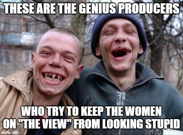 No teeth | THESE ARE THE GENIUS PRODUCERS; WHO TRY TO KEEP THE WOMEN ON "THE VIEW" FROM LOOKING STUPID | image tagged in no teeth | made w/ Imgflip meme maker
