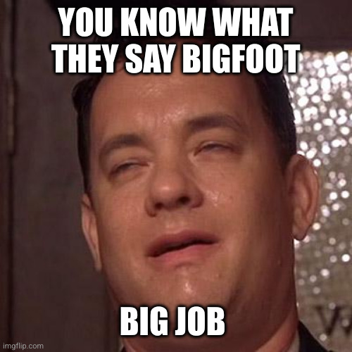 Tom Hanks Orgasm | YOU KNOW WHAT THEY SAY BIGFOOT BIG JOB | image tagged in tom hanks orgasm | made w/ Imgflip meme maker