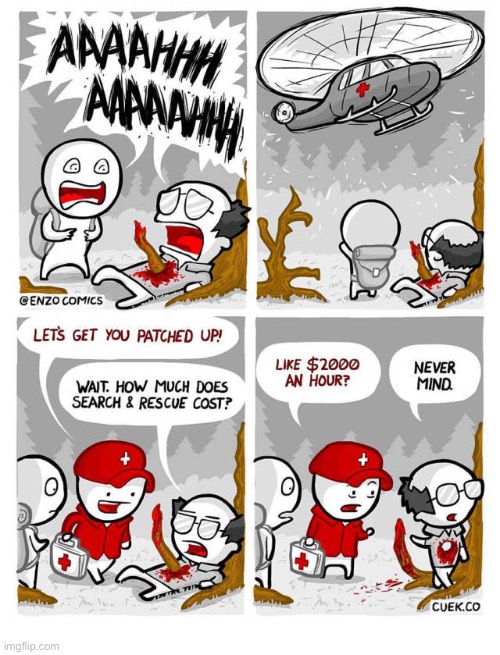 That’s ok… it’s just a flesh wound… | image tagged in comics,search and rescue,expensive,flesh wound | made w/ Imgflip meme maker