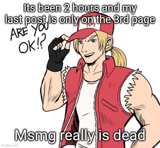 Are you okay!? | Its been 2 hours and my last post is only on the 3rd page; Msmg really is dead | image tagged in are you okay | made w/ Imgflip meme maker