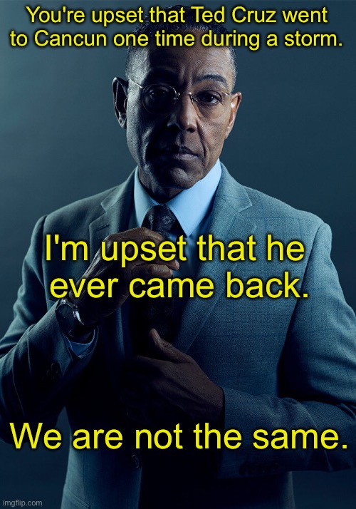 Gus Fring we are not the same | You're upset that Ted Cruz went to Cancun one time during a storm. I'm upset that he 
ever came back. We are not the same. | image tagged in gus fring we are not the same | made w/ Imgflip meme maker