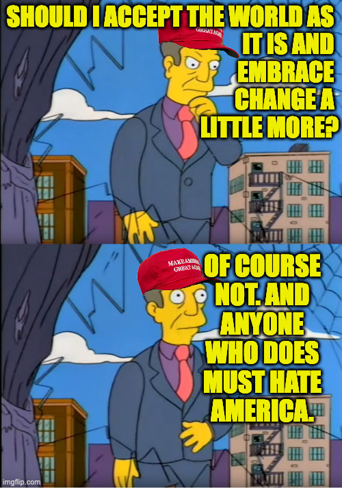 MAGA out of touch. | SHOULD I ACCEPT THE WORLD AS 
IT IS AND 
EMBRACE 
CHANGE A 
LITTLE MORE? OF COURSE
NOT. AND
ANYONE
WHO DOES
MUST HATE
AMERICA. | image tagged in skinner out of touch,memes,maga | made w/ Imgflip meme maker