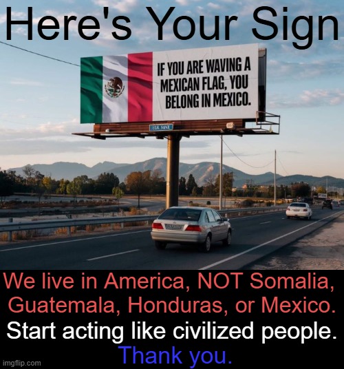 Time For Truth | Here's Your Sign; We live in America, NOT Somalia, 
Guatemala, Honduras, or Mexico. Start acting like civilized people. Thank you. | image tagged in illegal immigration,invasion,flags,riots,america,political humor | made w/ Imgflip meme maker