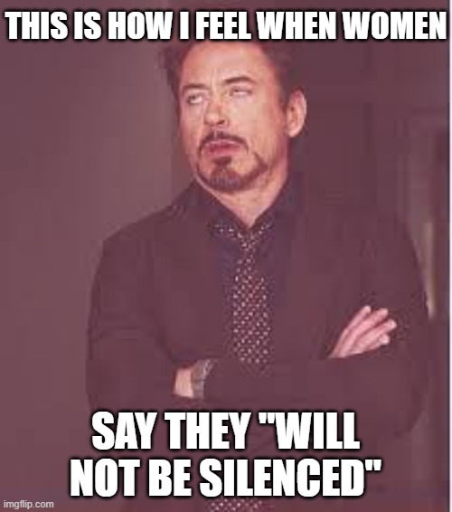 tony stark | THIS IS HOW I FEEL WHEN WOMEN SAY THEY "WILL NOT BE SILENCED" | image tagged in tony stark | made w/ Imgflip meme maker