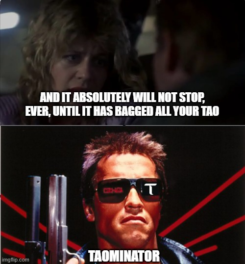 Taominator | AND IT ABSOLUTELY WILL NOT STOP, EVER, UNTIL IT HAS BAGGED ALL YOUR TAO; TAOMINATOR | image tagged in terminator,tao | made w/ Imgflip meme maker