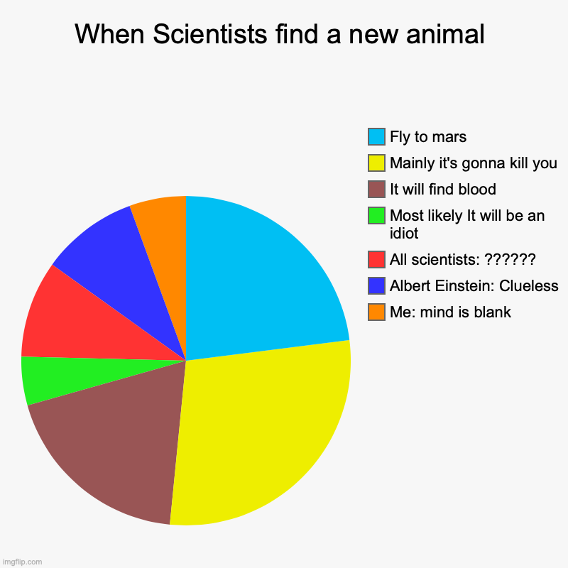 When Scientists find a new animal | Me: mind is blank, Albert Einstein: Clueless, All scientists: ??????, Most likely It will be an idiot, I | image tagged in charts,pie charts | made w/ Imgflip chart maker
