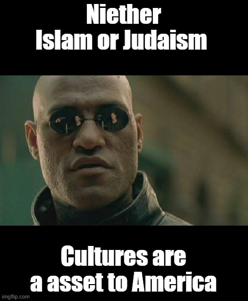You know its true | Niether Islam or Judaism; Cultures are a asset to America | image tagged in memes,matrix morpheus | made w/ Imgflip meme maker