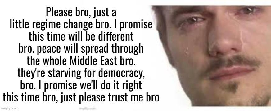 I shouldn't have to say this but war is bad! | Please bro, just a little regime change bro. I promise this time will be different bro. peace will spread through the whole Middle East bro. they're starving for democracy, bro. I promise we'll do it right this time bro, just please trust me bro | image tagged in blank white template,bro please bro | made w/ Imgflip meme maker