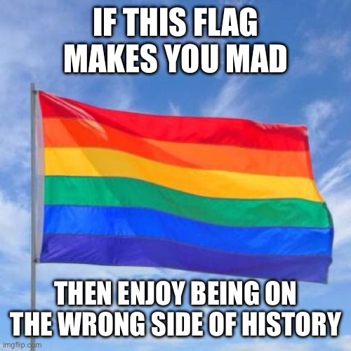 What do the Confederacy, the Nazis, and republicans have in common? They’re conservatives! | IF THIS FLAG MAKES YOU MAD; THEN ENJOY BEING ON THE WRONG SIDE OF HISTORY | image tagged in gay pride flag | made w/ Imgflip meme maker